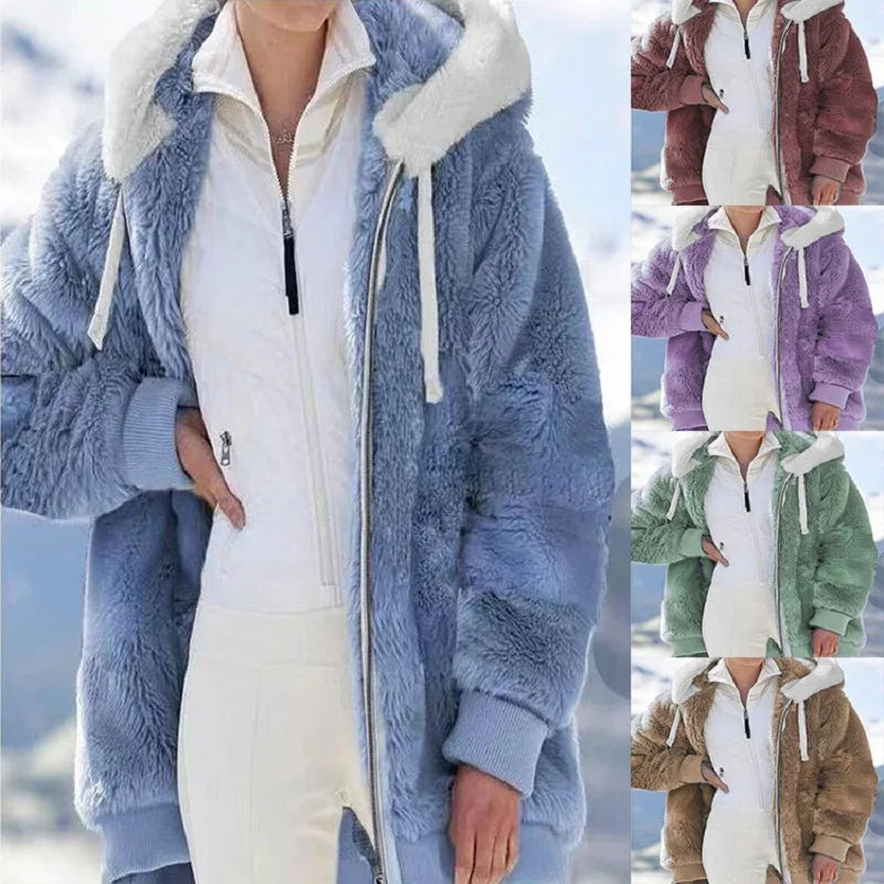 Veste d'hiver ample à capuche et fermeture éclair en peluche pour femme