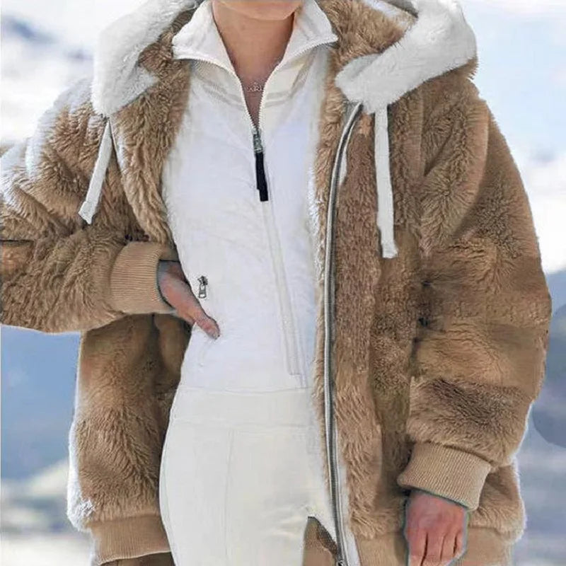 Veste d'hiver ample à capuche et fermeture éclair en peluche pour femme